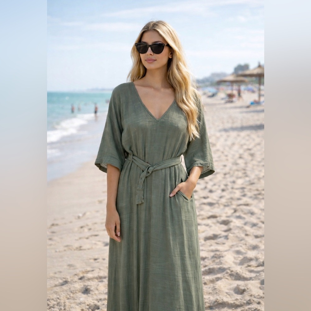Free People Sage Green Long Sleeve Dress
